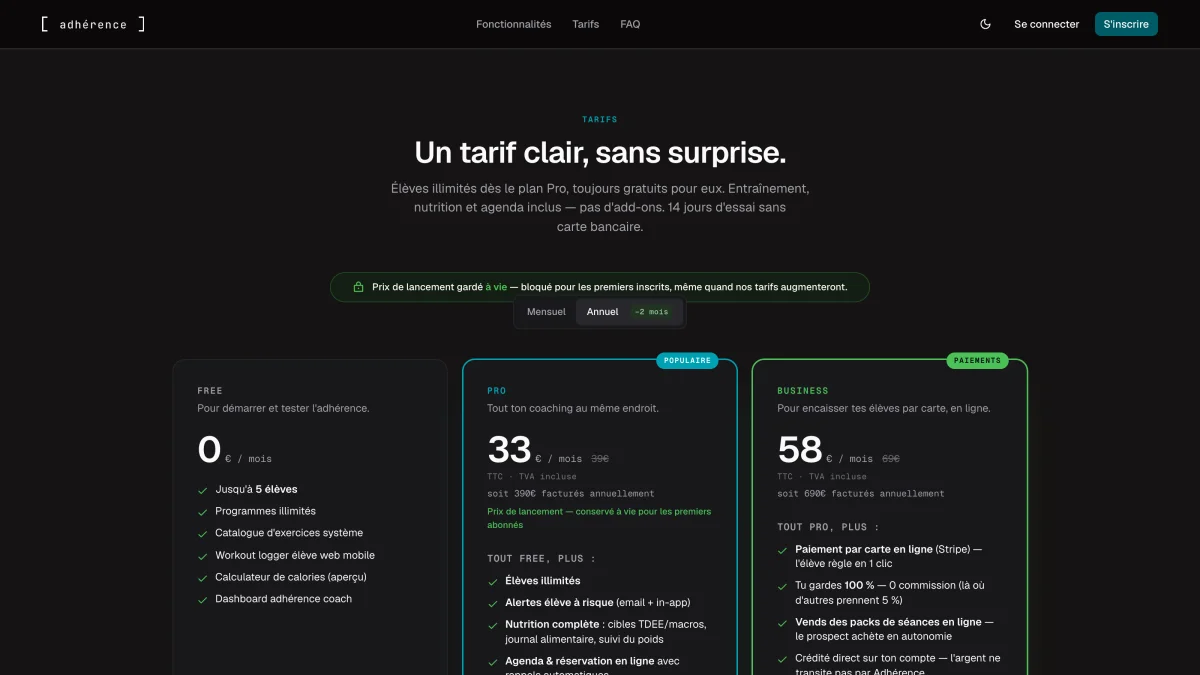 Page des tarifs d'Adhérence : plans Free, Pro à 33 euros par mois et Business à 58 euros par mois, avec 14 jours d'essai sans carte bancaire
