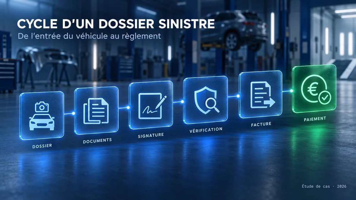 Cycle de vie d'un dossier de sinistre dans Creancia : photos et dossier, documents générés, signature électronique de l'assuré, vérification auprès de l'assureur, facture transmise, paiement reçu
