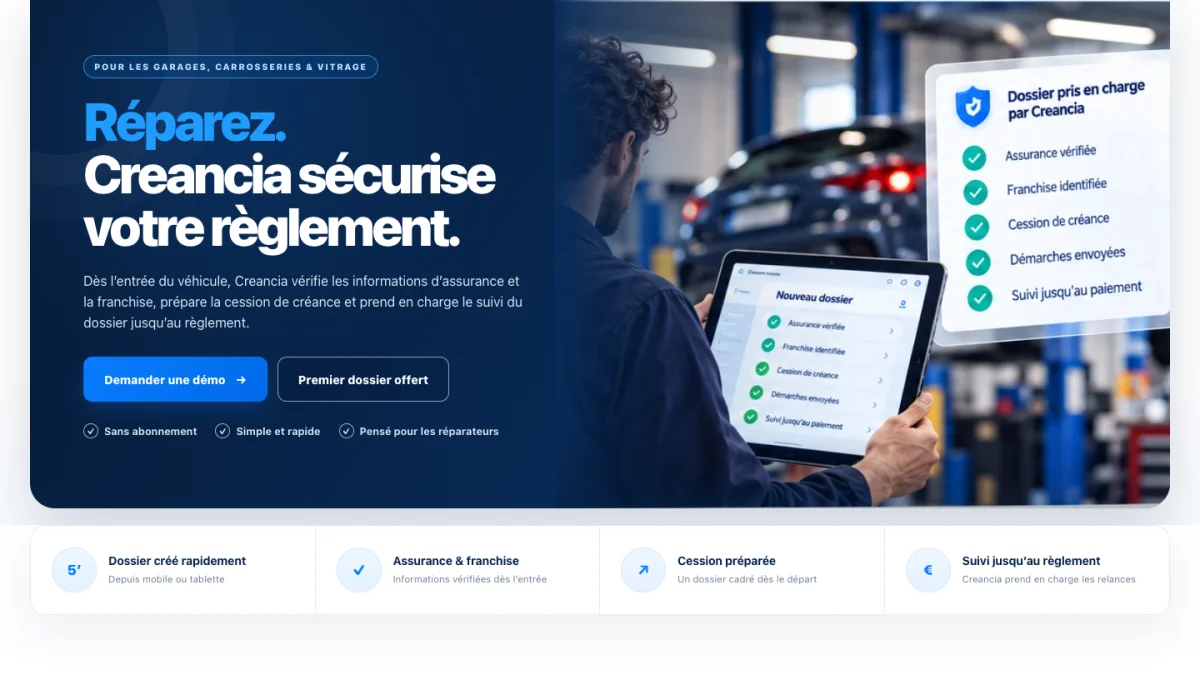 Page d'accueil de Creancia, service d'accompagnement administratif des sinistres pour garages et carrosseries : vous réparez, Creancia sécurise le règlement