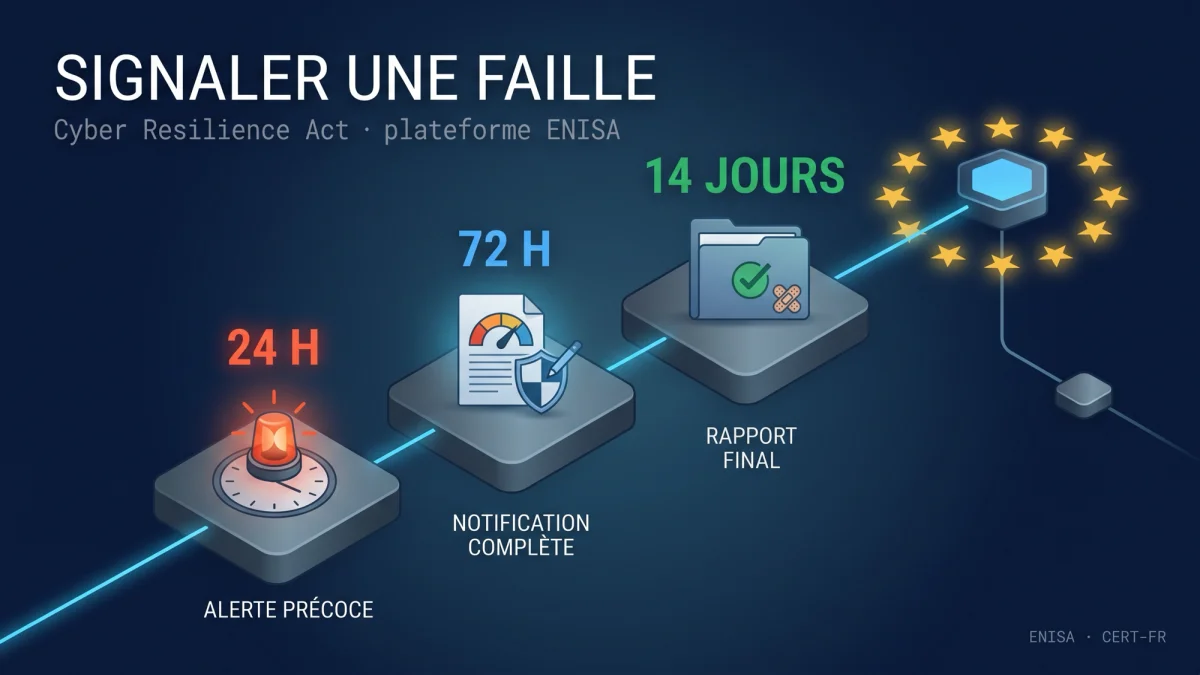 Calendrier de signalement du Cyber Resilience Act : alerte précoce sous 24 heures, notification complète sous 72 heures, rapport final sous 14 jours